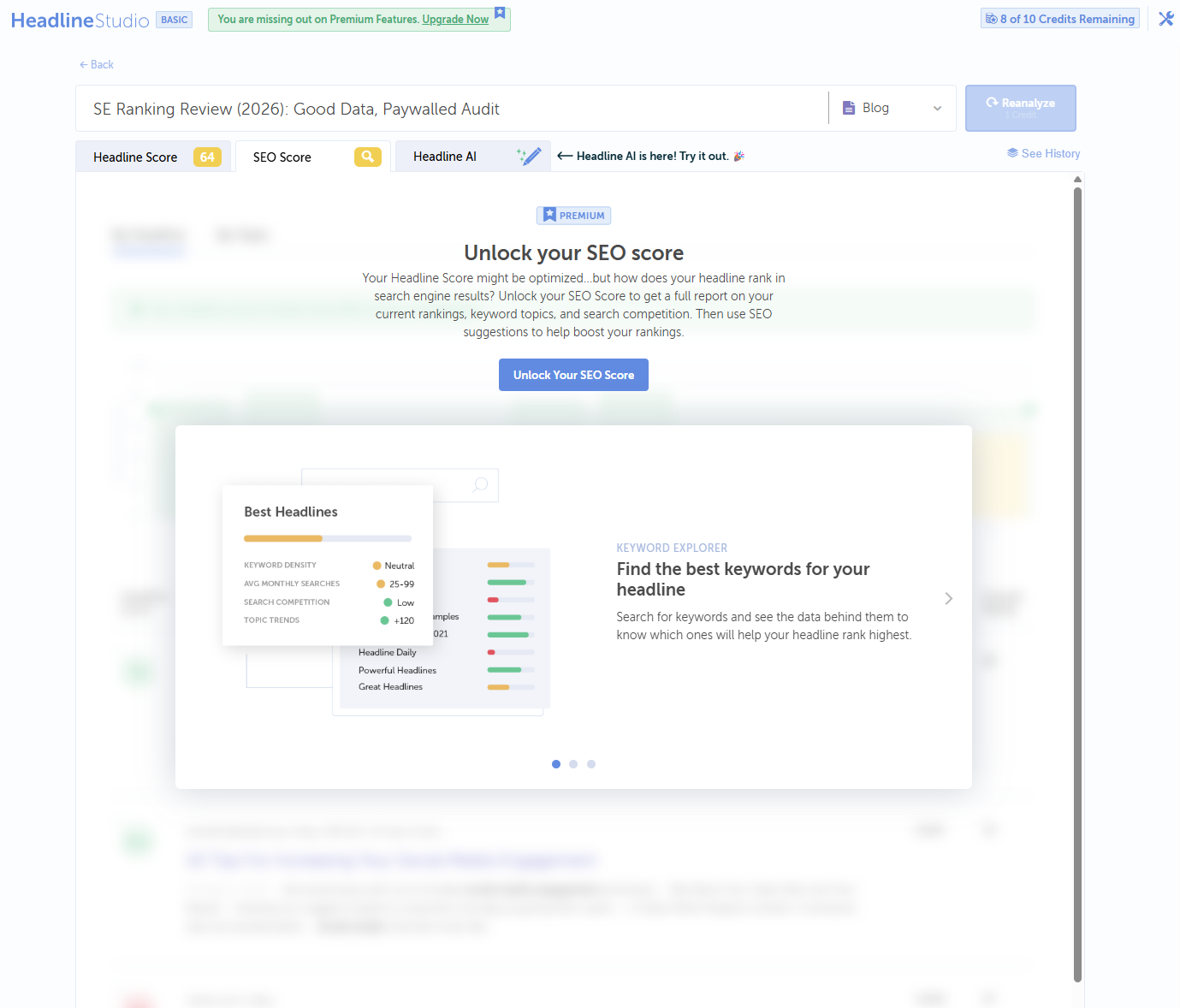 Headline Studio's SEO Score tab fully paywalled behind Premium, showing only a promotional preview of keyword density and search competition data instead of any real numbers