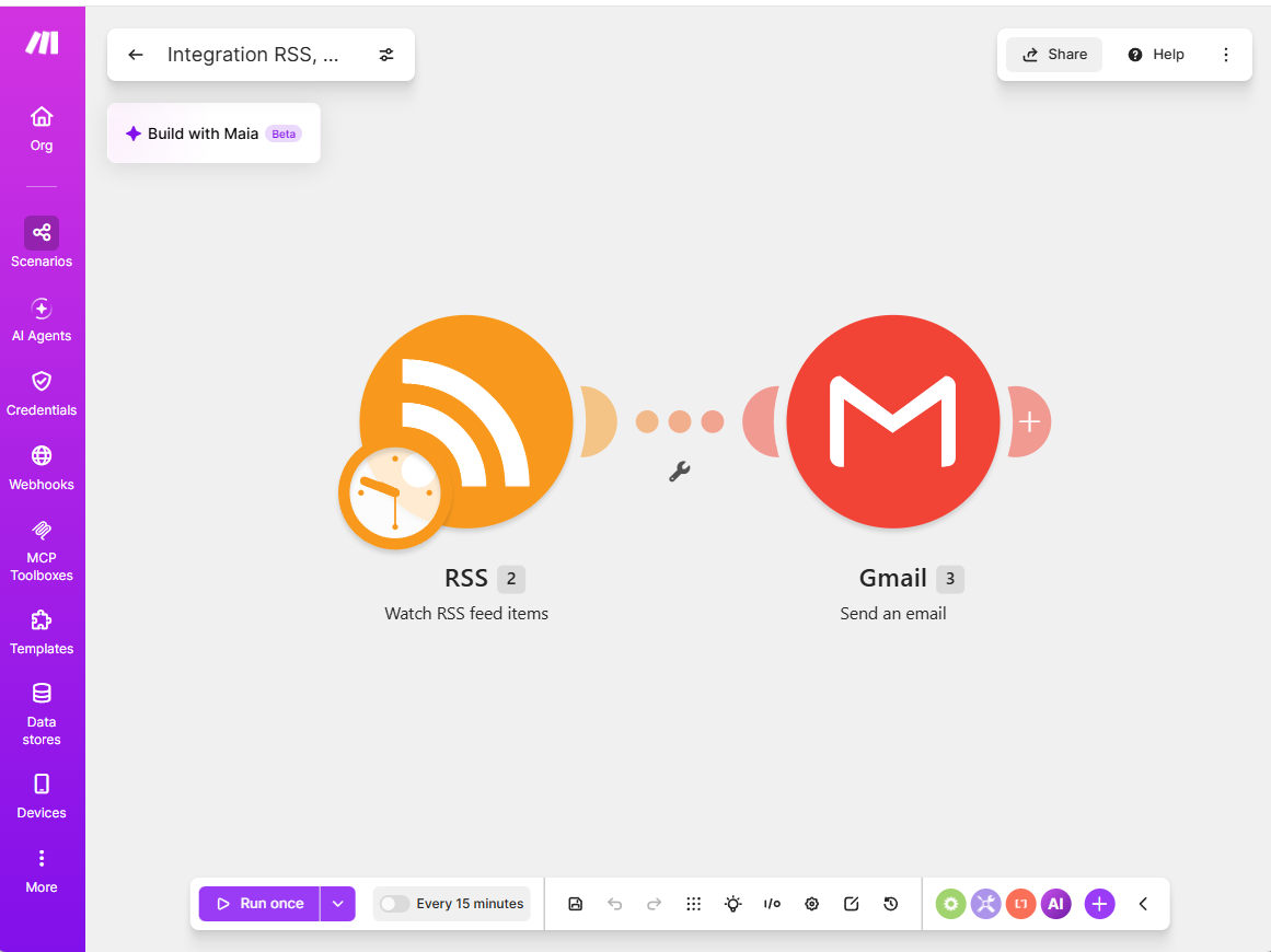 The finished RSS-to-Gmail scenario in Make's visual builder, showing the RSS trigger connected to a Gmail send action