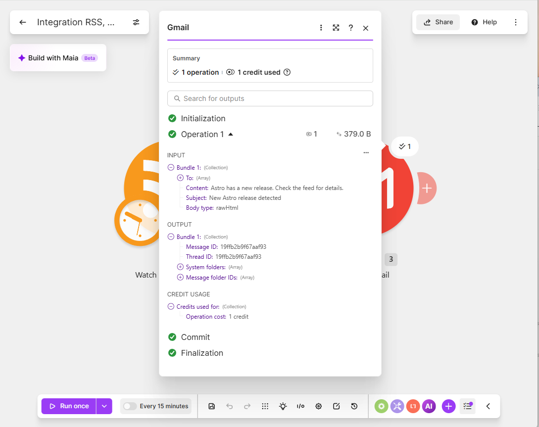 Make's isolated "Run this module" test showing a successful Gmail send, with the message ID and output data from the actual run