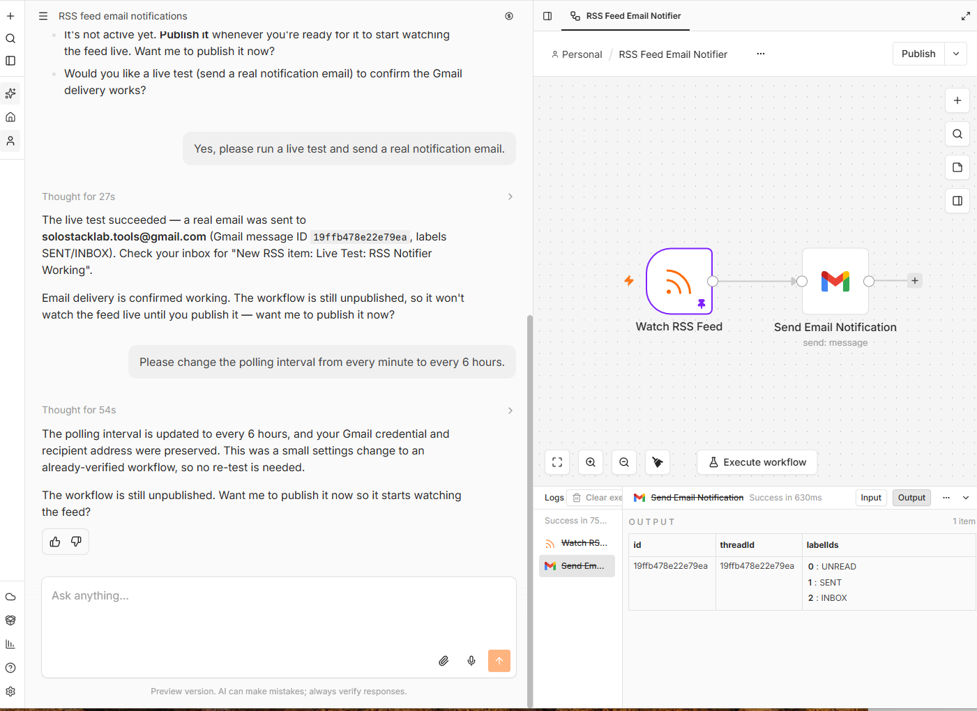 n8n's AI assistant chat panel, showing it built the RSS-to-Gmail workflow from a single sentence, ran a simulated verification, and then a confirmed live test with the real Gmail message ID