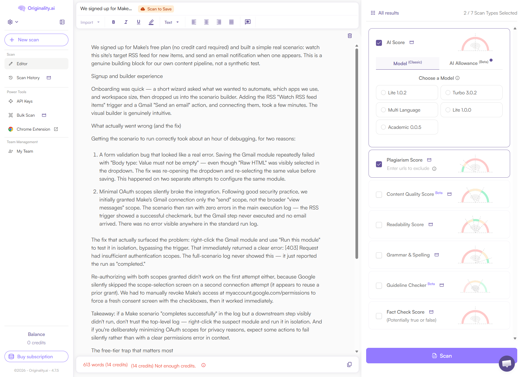 Originality.ai's editor showing "613 words (14 credits)" and "Not enough credits" after signing up for a free account with a 0-credit balance