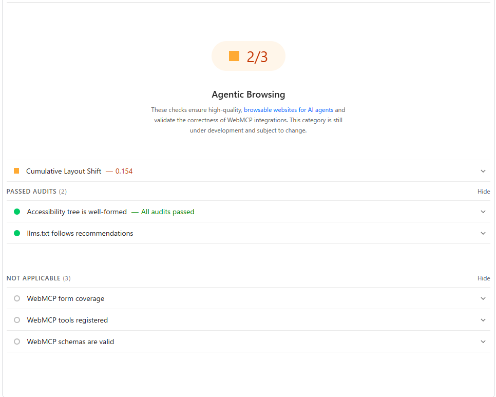 PageSpeed Insights' Agentic Browsing panel for the Semrush review page showing 2/3, with Cumulative Layout Shift flagged at 0.154 in orange