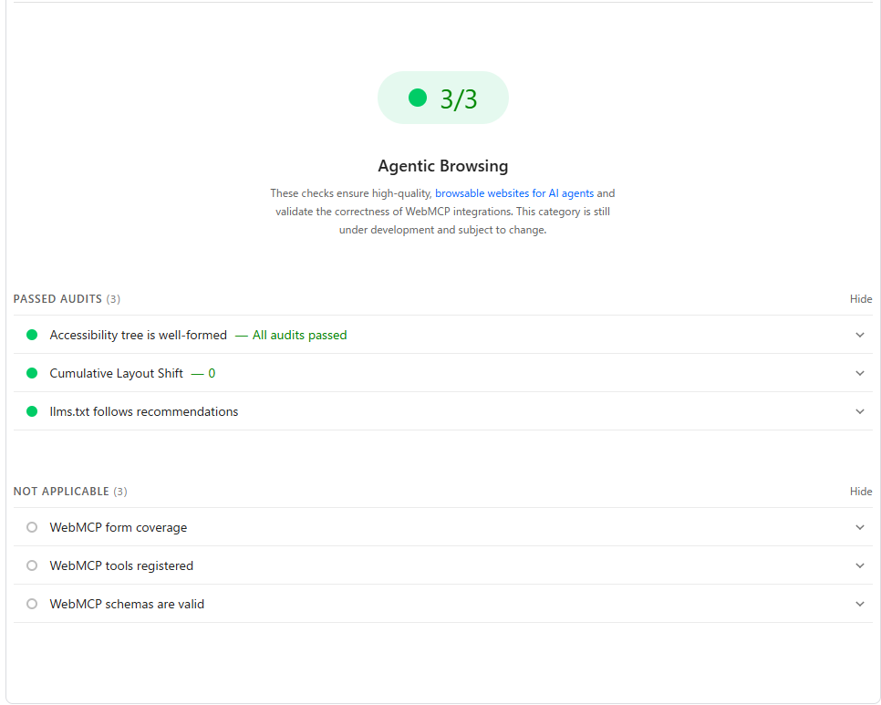 PageSpeed Insights' Agentic Browsing panel for the homepage showing 3/3, with llms.txt follows recommendations as one of the three passed checks