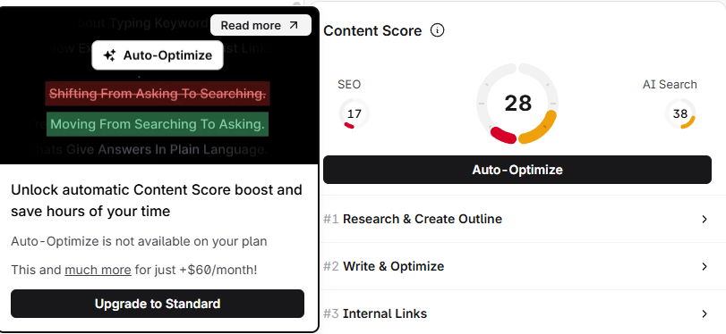 Auto-Optimize button revealing an upgrade paywall only after being clicked