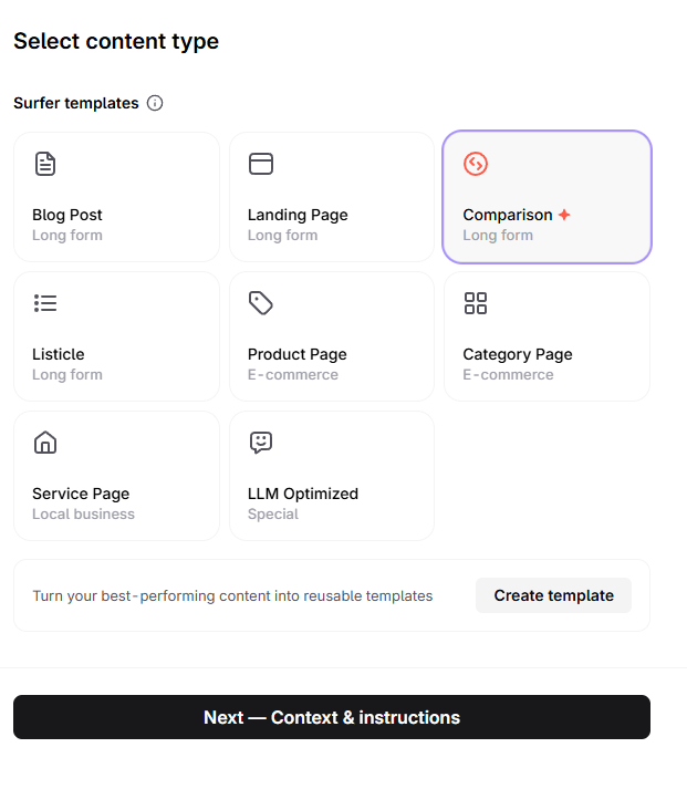 Surfer's Content Editor auto-selecting the "Comparison" template based on the target keyword